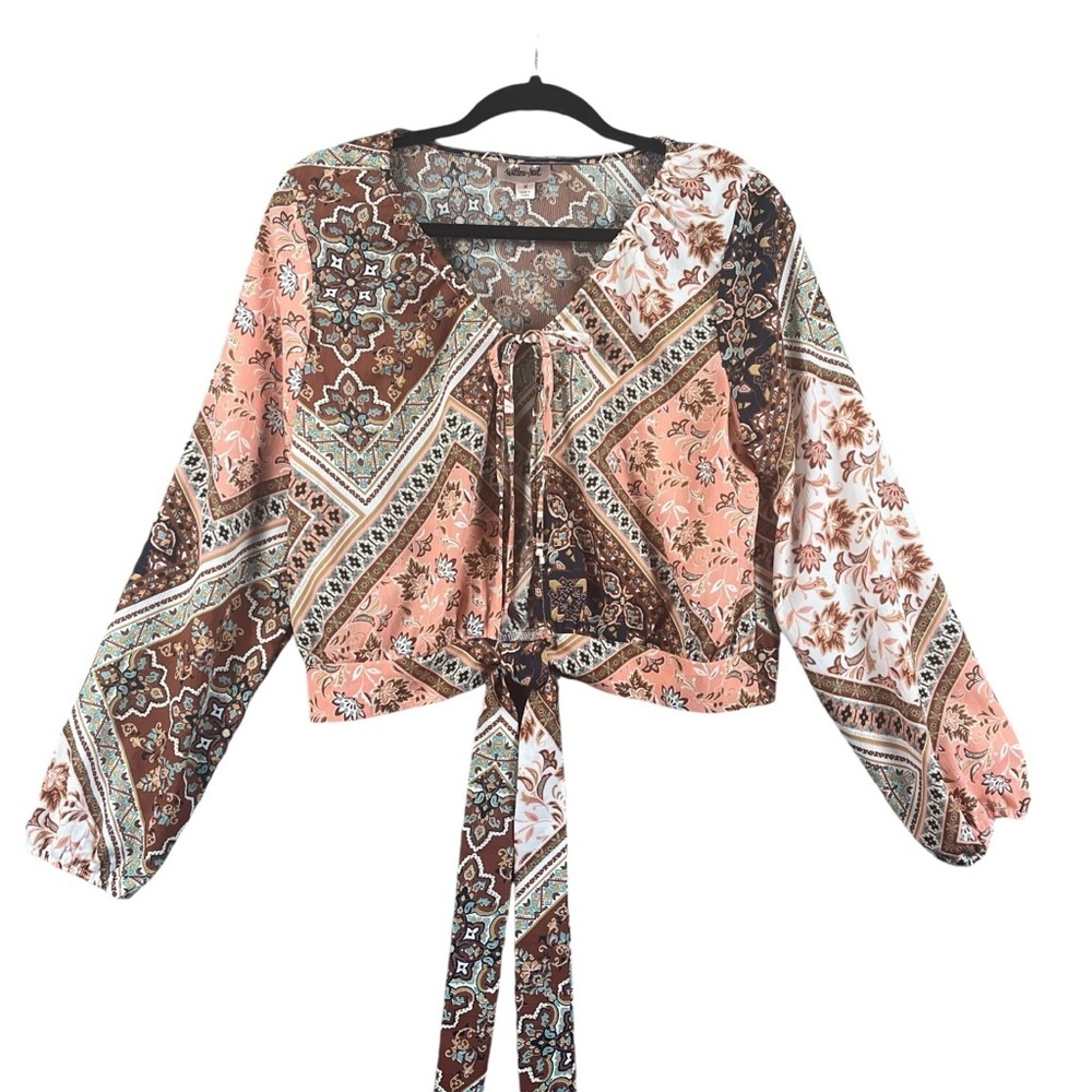 Willow & Root Patchwork Front Tie Long Sleeve Top - image 3